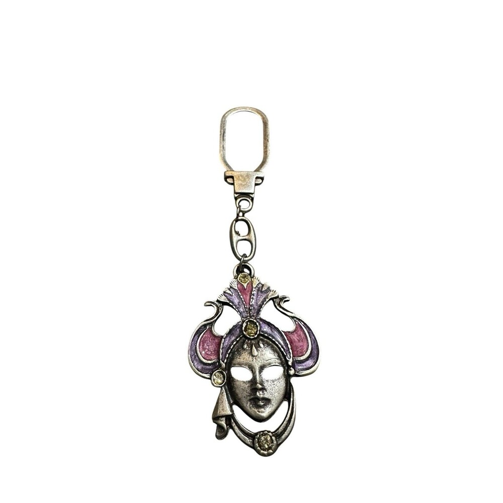 Italy METAL keychain Or Bag Charm CARNIVAL MASK Purple/Pink, Rhinestones